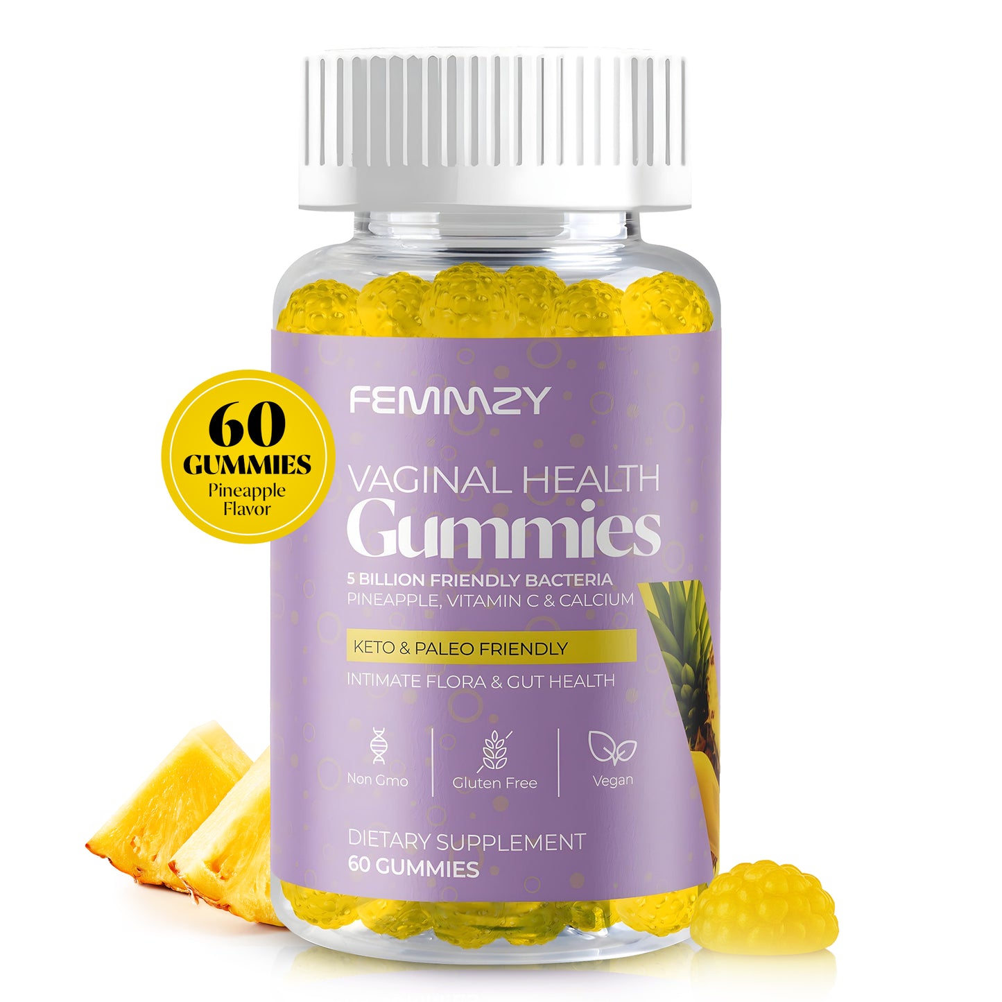 Femmzy Vaginal Probiotic Gummies for Women – Supports Vaginal Health, pH Balance, Intimate Flora, Odour Control & Gut Health – Pineapple Flavour – Vegan, Keto & Paleo Friendly –  Non-GMO - 60 Gummies with Vitamin C & Calcium