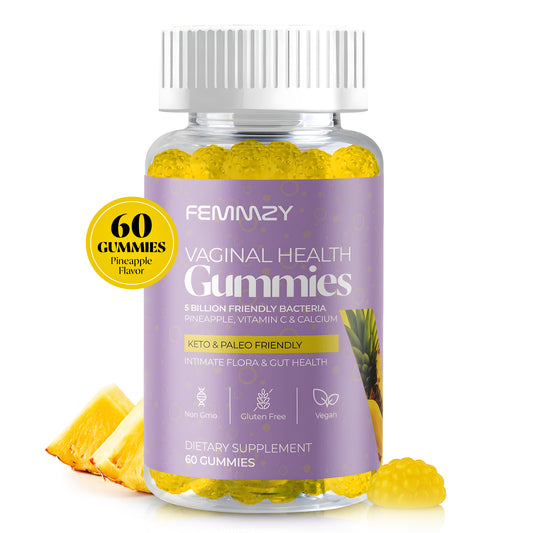 Femmzy Vaginal Probiotic Gummies for Women – Supports Vaginal Health, pH Balance, Intimate Flora, Odour Control & Gut Health – Pineapple Flavour – Vegan, Keto & Paleo Friendly –  Non-GMO - 60 Gummies with Vitamin C & Calcium