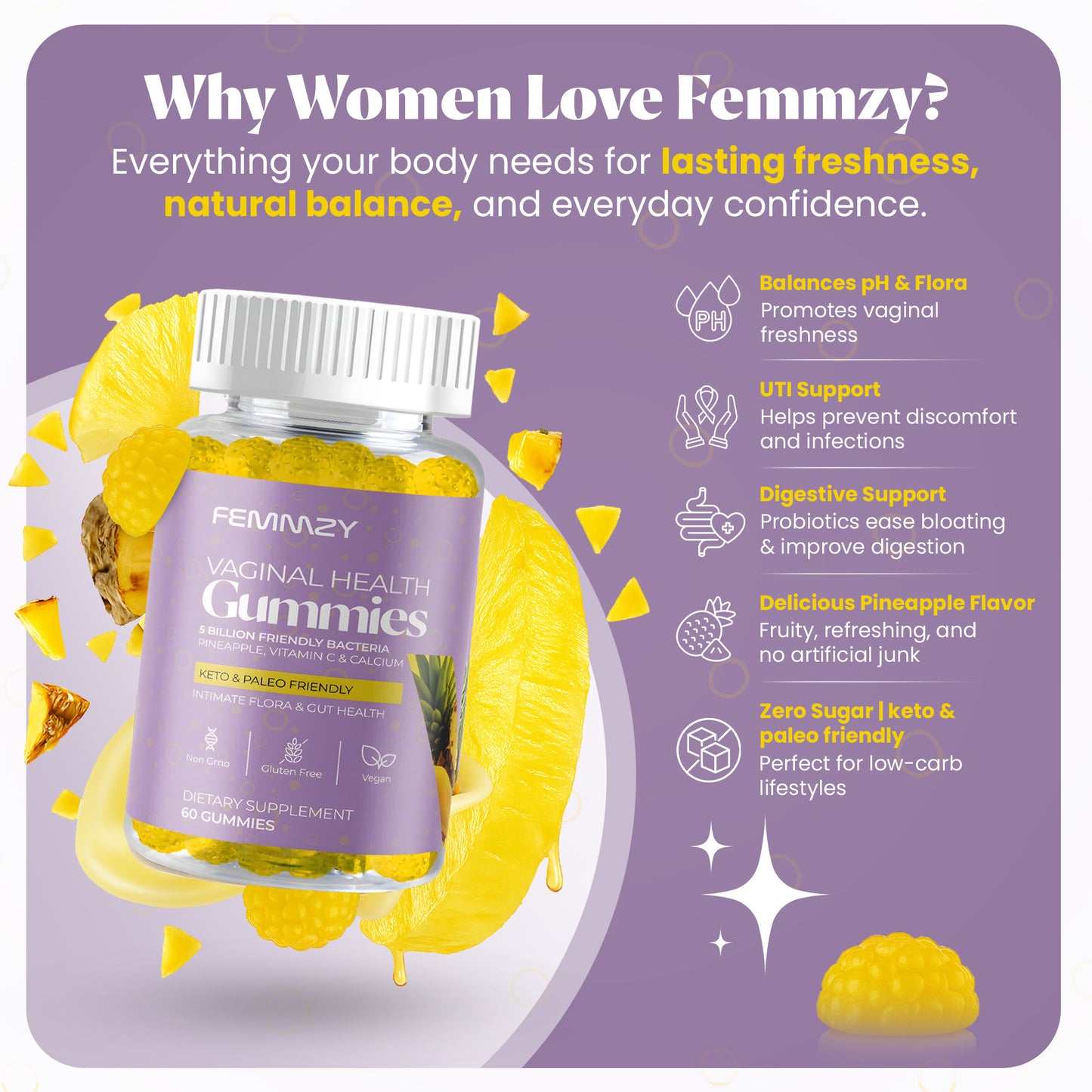 Femmzy Vaginal Probiotic Gummies for Women – Supports Vaginal Health, pH Balance, Intimate Flora, Odour Control & Gut Health – Pineapple Flavour – Vegan, Keto & Paleo Friendly –  Non-GMO - 60 Gummies with Vitamin C & Calcium