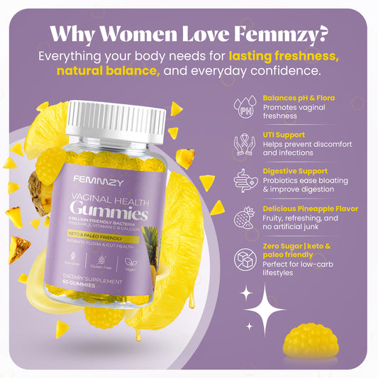 Femmzy Vaginal Probiotic Gummies for Women – Supports Vaginal Health, pH Balance, Intimate Flora, Odour Control & Gut Health – Pineapple Flavour – Vegan, Keto & Paleo Friendly –  Non-GMO - 60 Gummies with Vitamin C & Calcium