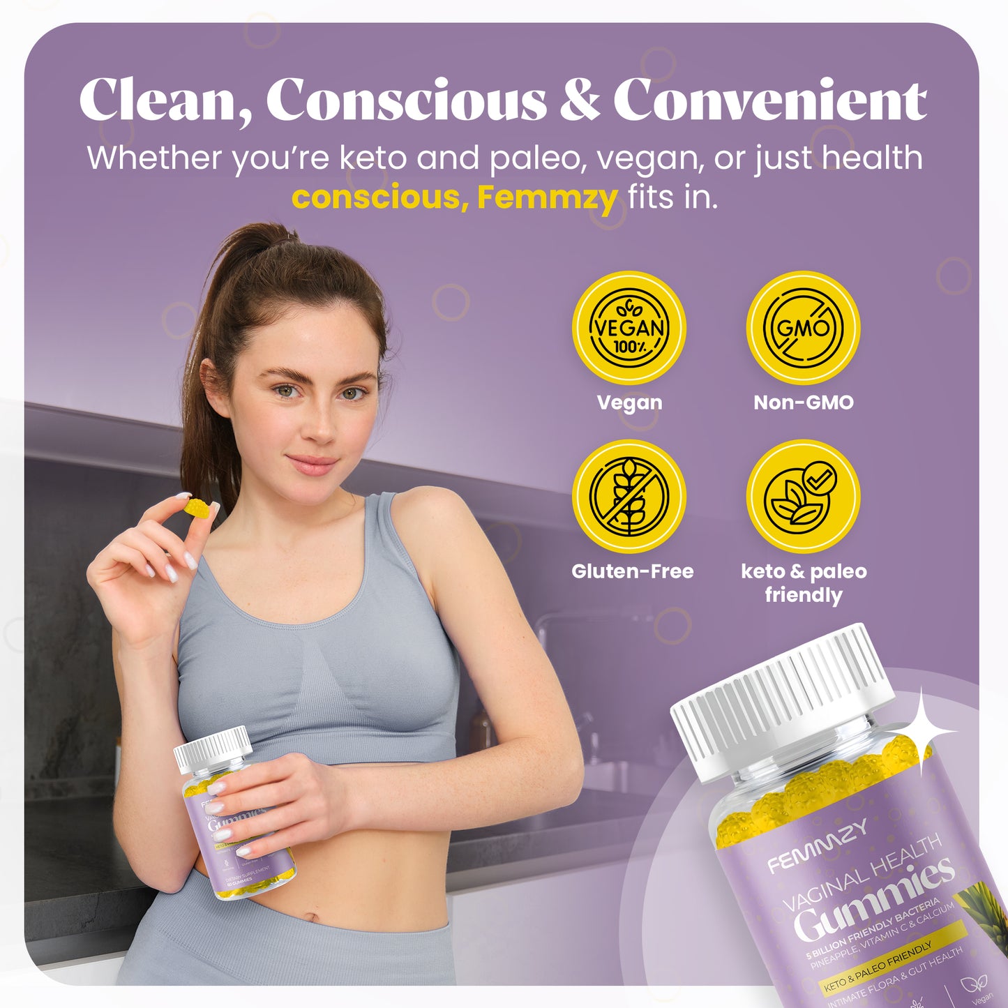 Femmzy Vaginal Probiotic Gummies for Women – Supports Vaginal Health, pH Balance, Intimate Flora, Odour Control & Gut Health – Pineapple Flavour – Vegan, Keto & Paleo Friendly –  Non-GMO - 60 Gummies with Vitamin C & Calcium