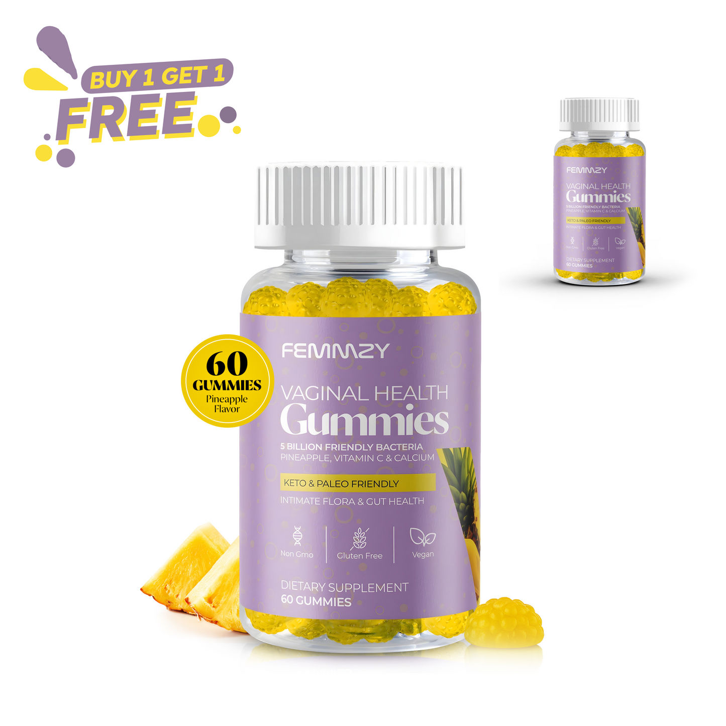 Femmzy Vaginal Probiotic Gummies for Women – Supports Vaginal Health, pH Balance, Intimate Flora, Odour Control & Gut Health – Pineapple Flavour – Vegan, Keto & Paleo Friendly –  Non-GMO - 60 Gummies with Vitamin C & Calcium